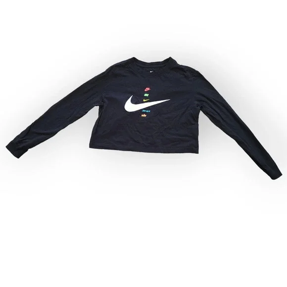 Nike The Nike Tee Crop Long Sleeve Logo Nike Swoosh Black T-Shirt Women Sz S - Picture 10 of 10